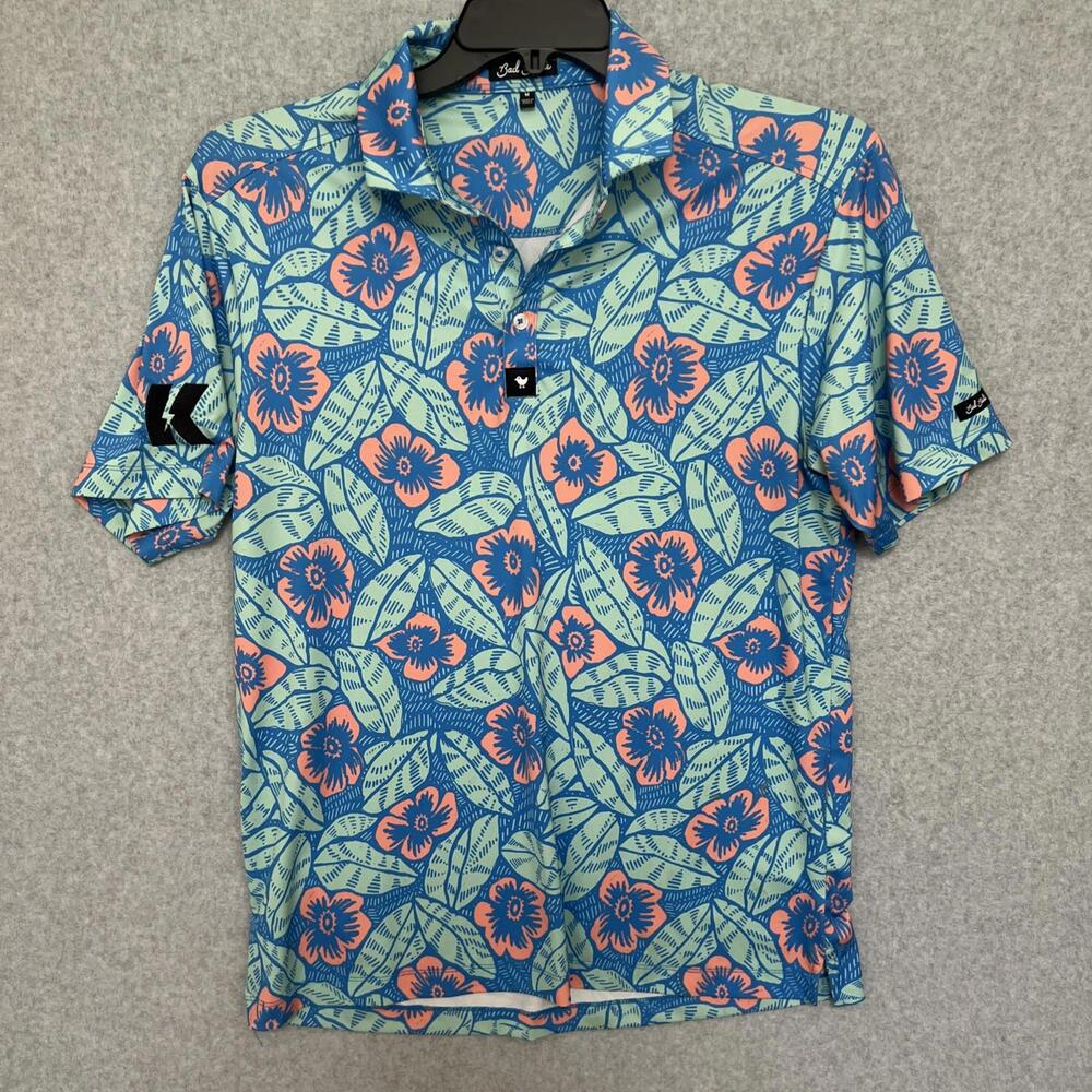 Bad Birdie Marco Brolo Polo Shirt Size Medium Blue Hawaiian Floral Performance